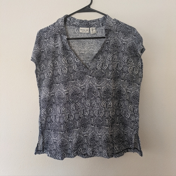 Rachel Zoe 100% Linen Short Sleeve Navy/White Top Collared V-Neck Women's size L - Picture 1 of 8